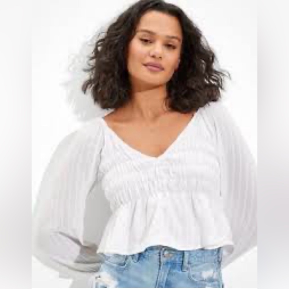 American Eagle Womens Long-Sleeve Smocked Babydoll Blouse White Size Small New